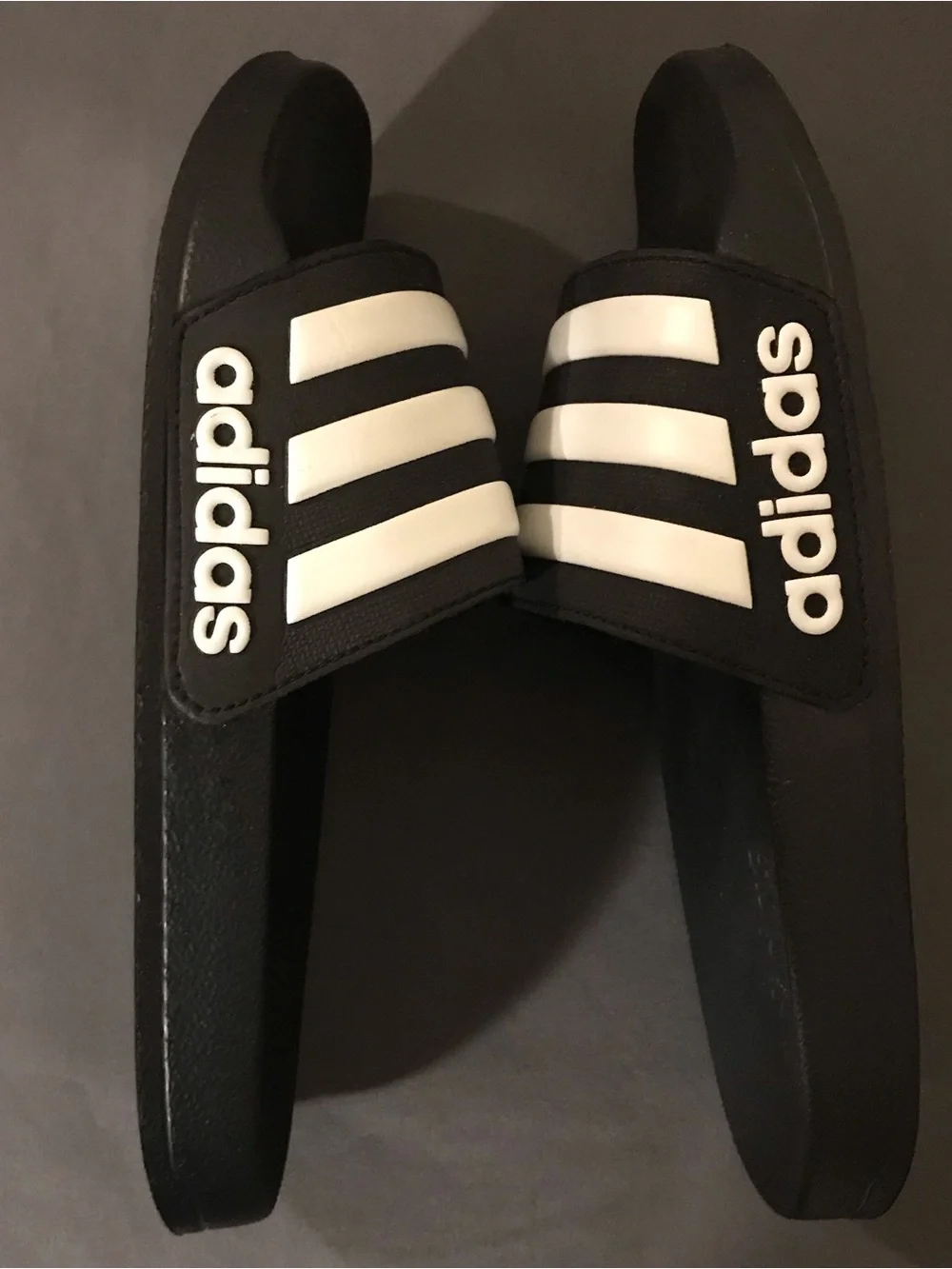 adidas Black Slides with White Stripes